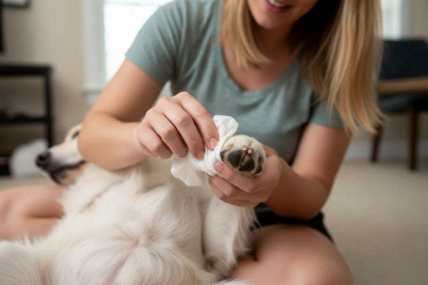 Cleaning a dog’s paw with a wipe after a walk